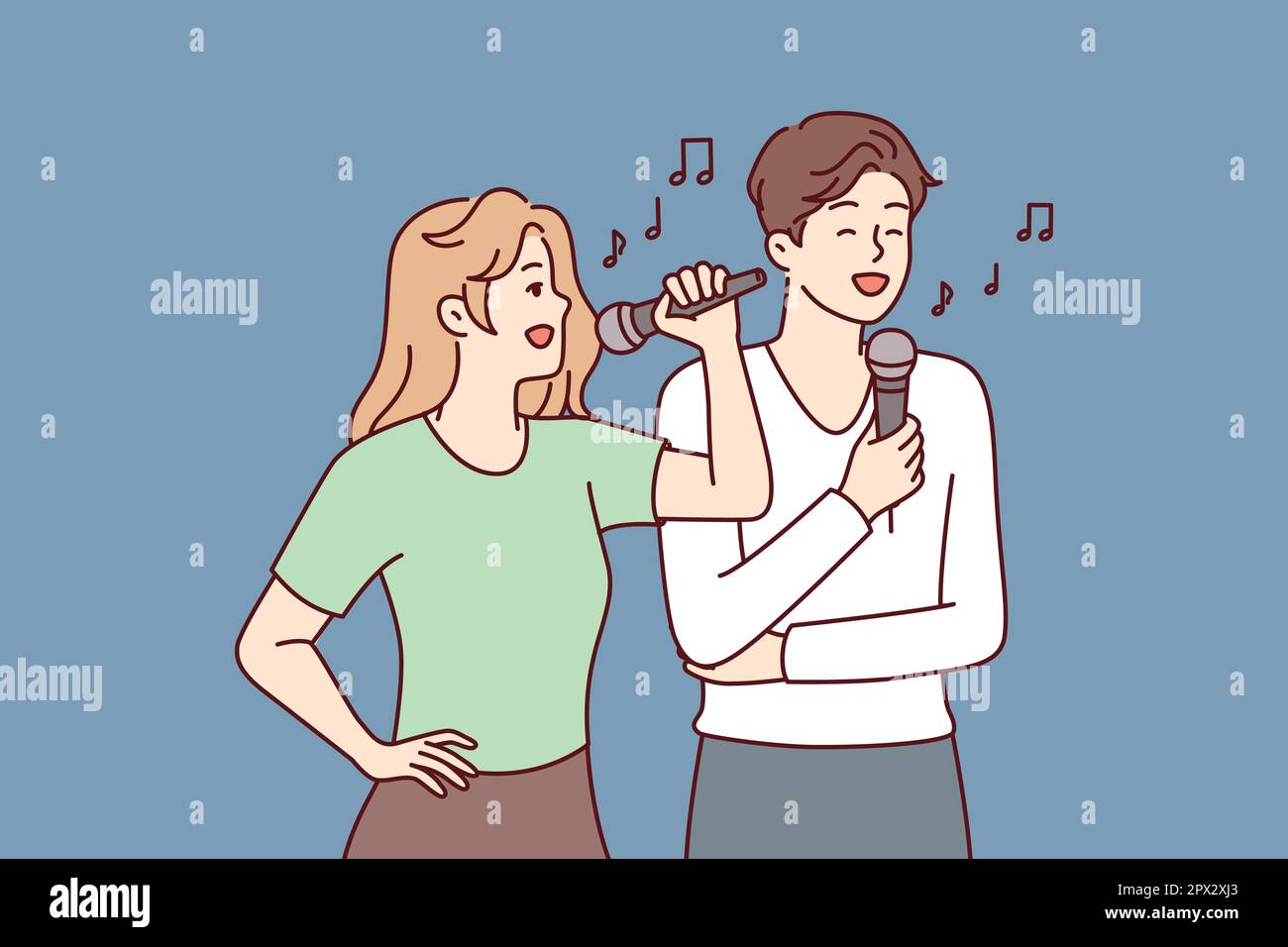Homme et femme avec microphones, écoutez des chansons tout en profitant d