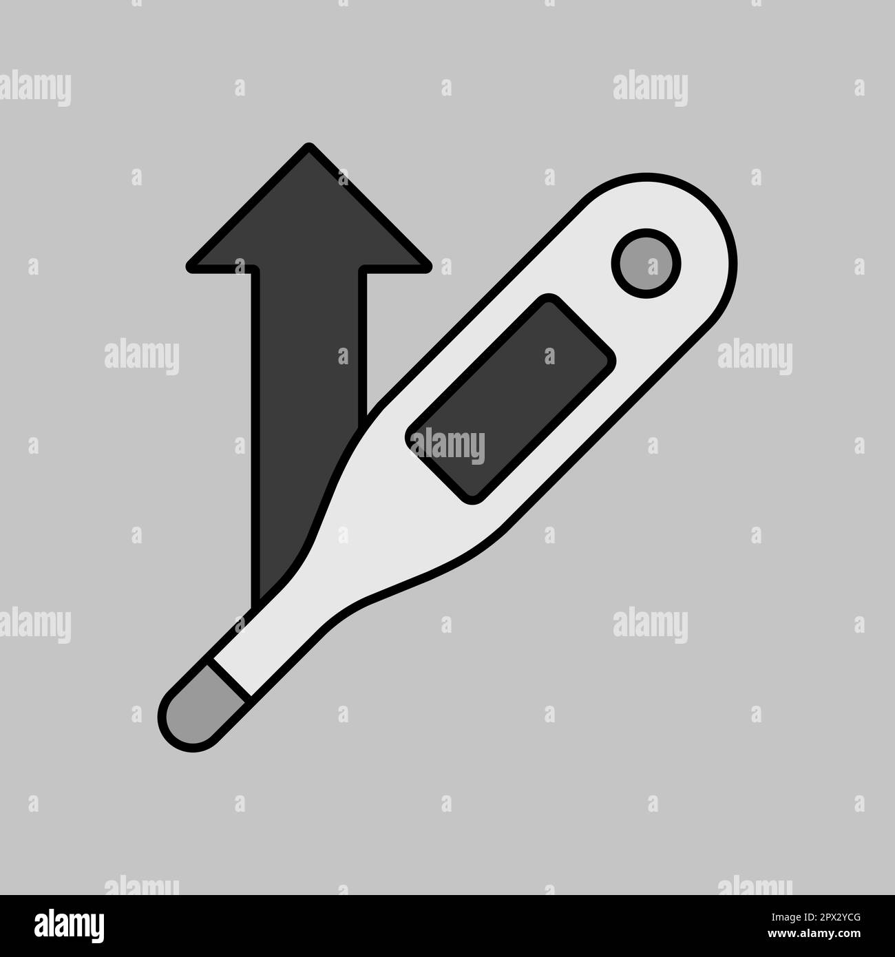 Augmentation de la température grâce à l'icône de l'échelle de gris vectorielle du thermomètre. Signe médical. Coronavirus. Symbole graphique pour la conception de sites Web médicaux et d'applications, logo, application, Banque D'Images