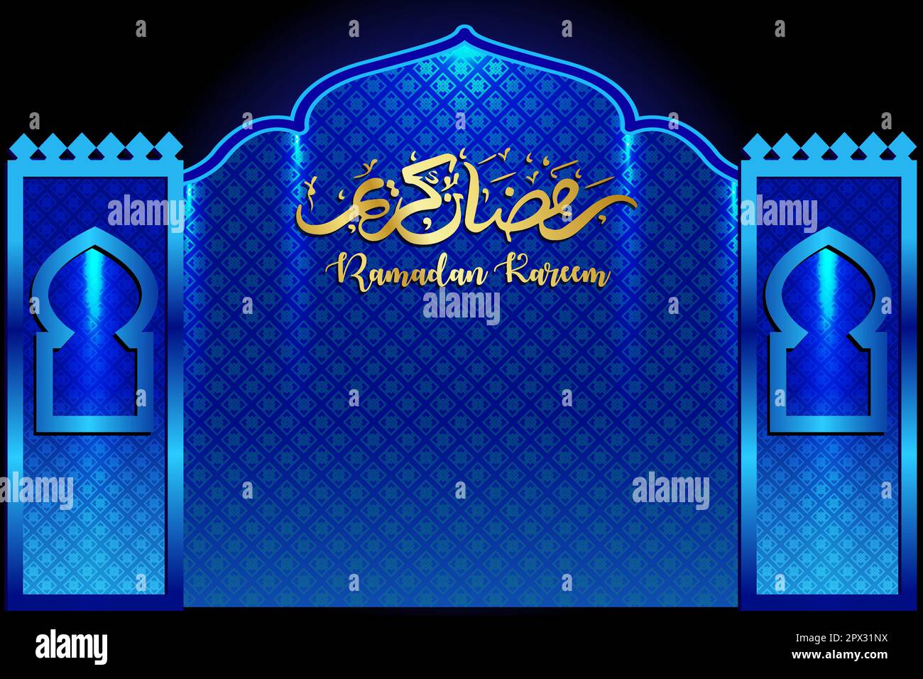 ramadan kareem concept bannière 3d cadre or fenêtre arabe sur fond magnifique motif arabe illustration vectorielle accrochée croissant doré Illustration de Vecteur