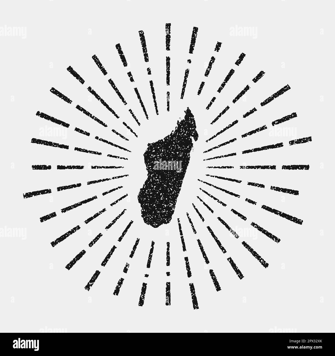 Carte ancienne de Madagascar. Grunge soleil a éclaté dans tout le pays. Forme noire de Madagascar avec rayons de soleil sur fond blanc. Illustration vectorielle. Illustration de Vecteur