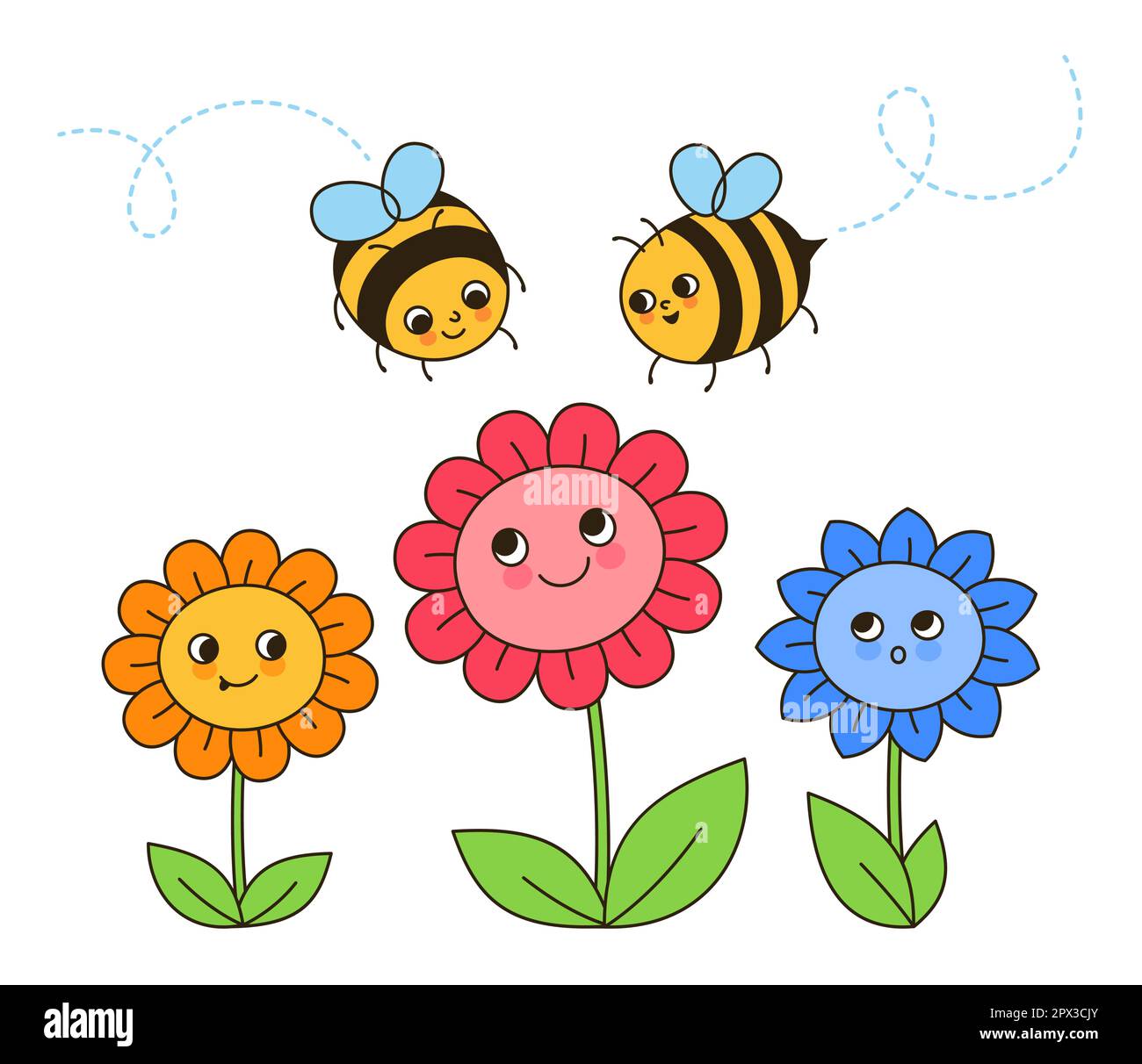 Illustration de dessins animés rétro de fleurs et de personnages de miel d'abeille. Bandes dessinées enfants des insectes d'abeilles avec drôle de visage d'art. Mignon enfant dessiné à la main été comique smiley rayures abeilles Doodle design vecteur Illustration de Vecteur