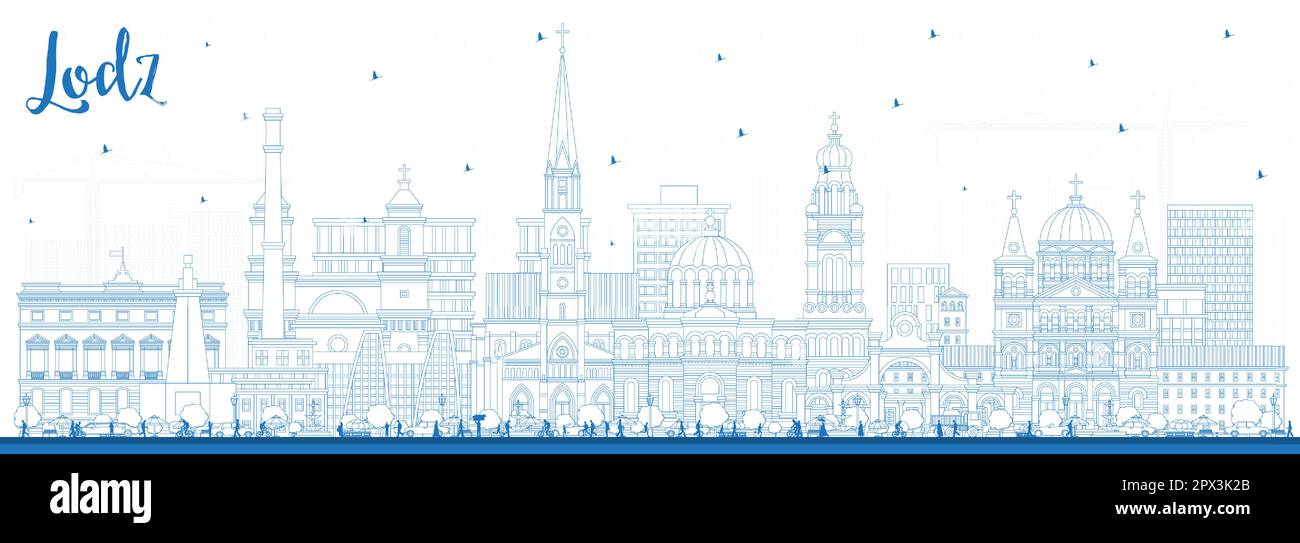 Outline Lodz Pologne City Skyline avec Blue Buildings. Illustration vectorielle. Lodz CityScape avec des monuments. Illustration de Vecteur