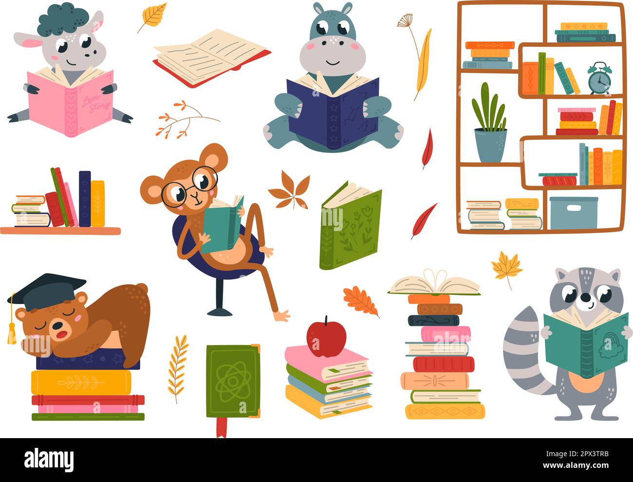 Animaux étudiant et livres. Livre amusant de lecture d'animaux de bébé