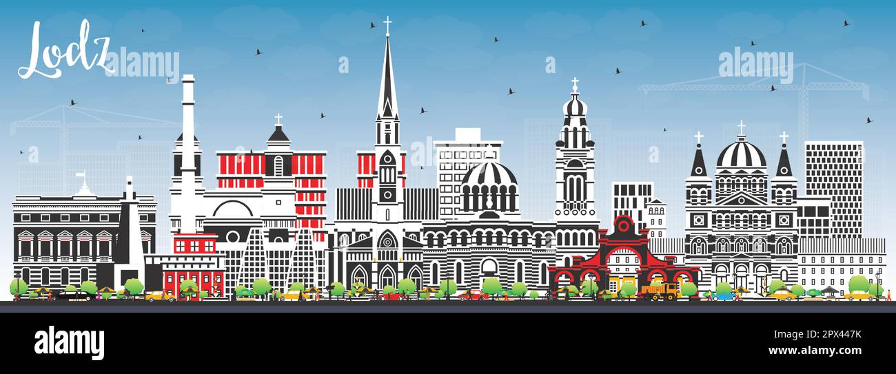 Lodz Pologne City Skyline avec des bâtiments de couleur et Blue Sky. Illustration vectorielle. Lodz CityScape avec des monuments. Illustration de Vecteur