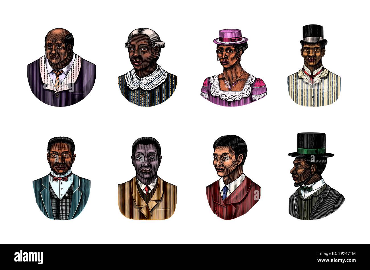 Homme élégant. Visage masculin. Messieurs afro-américains. Époque victorienne. Mode et vêtements. Homme d'affaires en costume. Ancienne esquisse dessinée à la main. Gravé vintage Illustration de Vecteur