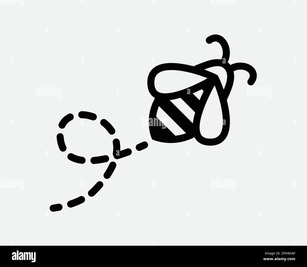 Icône de ligne pointillée Flying Bee. Symbole de trajectoire de vol à la mouche des insectes. Miel Honeybee Buzz route Journey Sign Black Vector Graphic Illustration Clipart Cricut Illustration de Vecteur