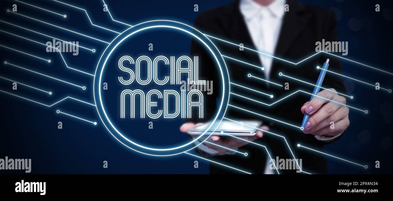 Légende de texte présentant les médias sociaux, concept d'Internet canal de communication en ligne réseau microblogging Banque D'Images