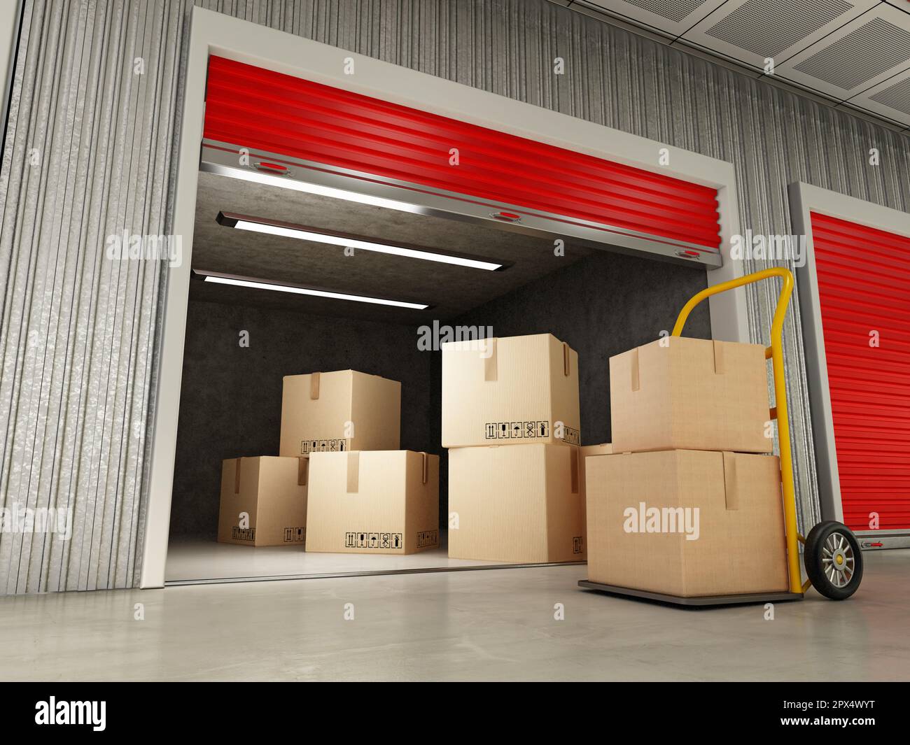 Pile de boîtes en carton à l'intérieur de l'unité de stockage automatique. 3D illustration. Banque D'Images