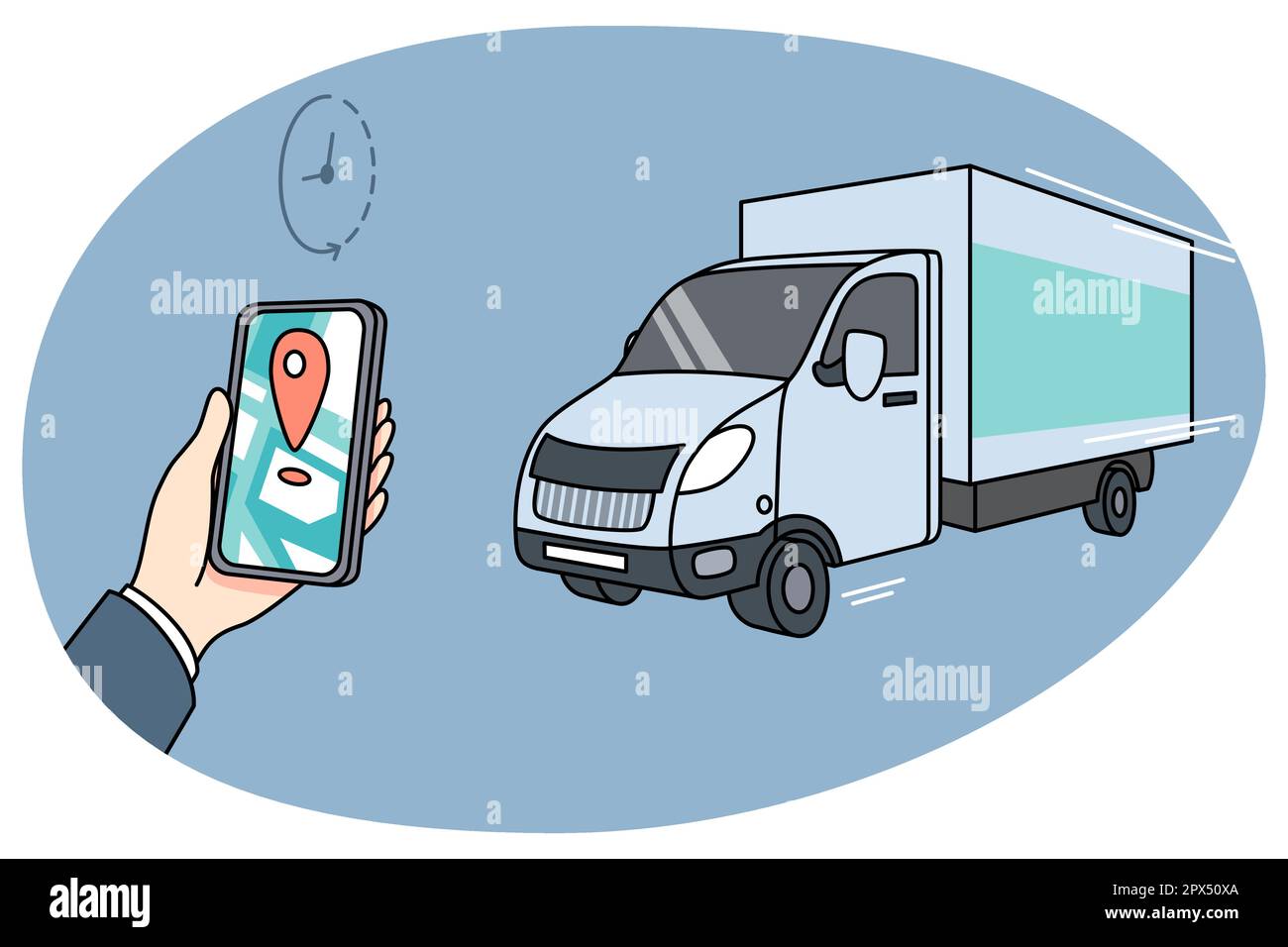 La personne qui tient le téléphone portable suit la livraison de la commande sur l'application mobile sur le gadget. Demandez au smartphone de vérifier l'état d'achat sur la carte. Achats et achats en ligne. Illustration vectorielle. Illustration de Vecteur