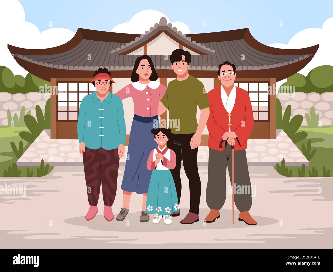 Famille traditionnelle. Joyeux chinois, parents debout, parents avec fille et grands-parents, sur fond de maison asiatique, dessin animé à plat Illustration de Vecteur