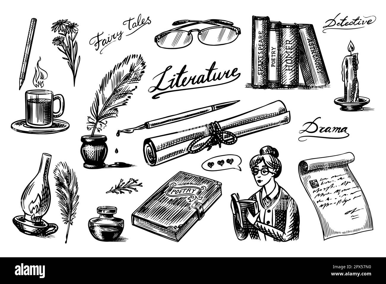 Documentation. Encre et stylo, machine à écrire, café et lampe, pile de livres et professeur, essai scolaire, travail écrit. Panneaux rétro vintage. Style Doodle Illustration de Vecteur