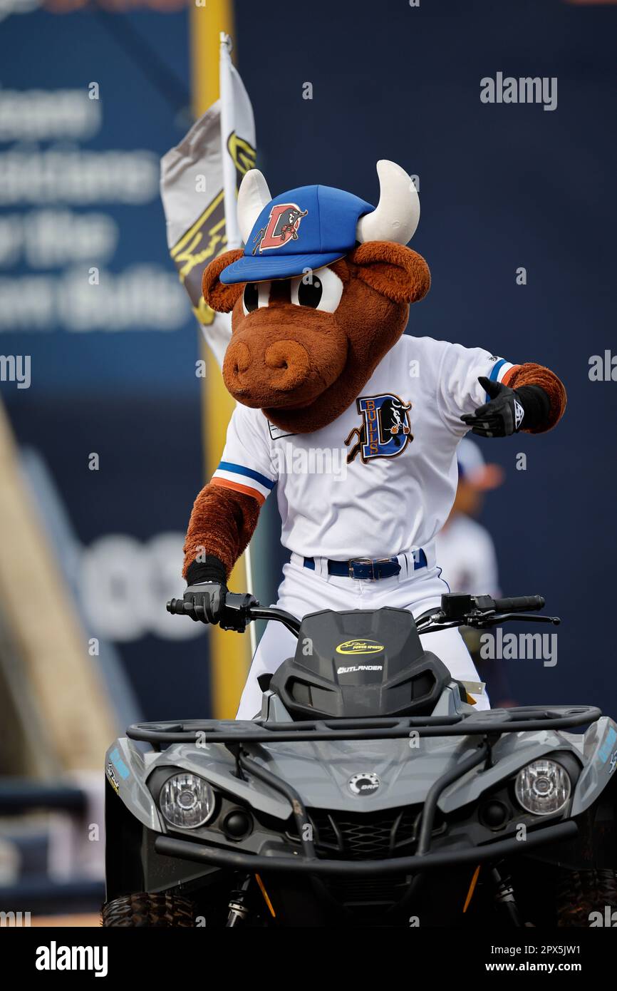 Durham, NC : la mascotte des bulls de Durham Wool E. Bull divertit les fans lors d'un match de base-ball de la MiLB contre les Memphis Redbirds, dimanche, 30 avril 2023, à Banque D'Images