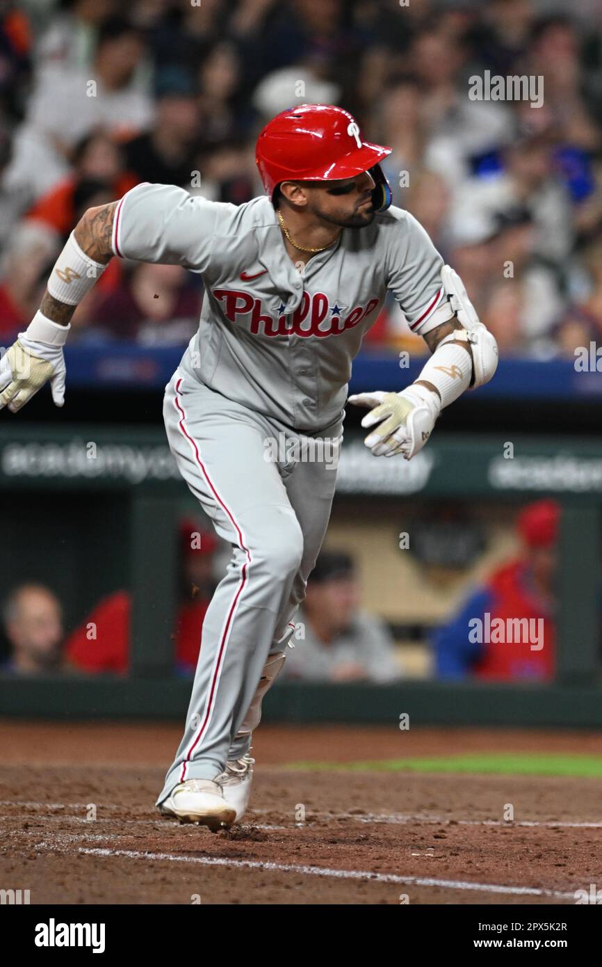 Les Phillies de Philadelphie le fielder de droite NICK CASTELLANOS pendant le jeu de MLB entre les Phillies de Philadelphie et les Astros de Houston vendredi, 28 avril, Banque D'Images