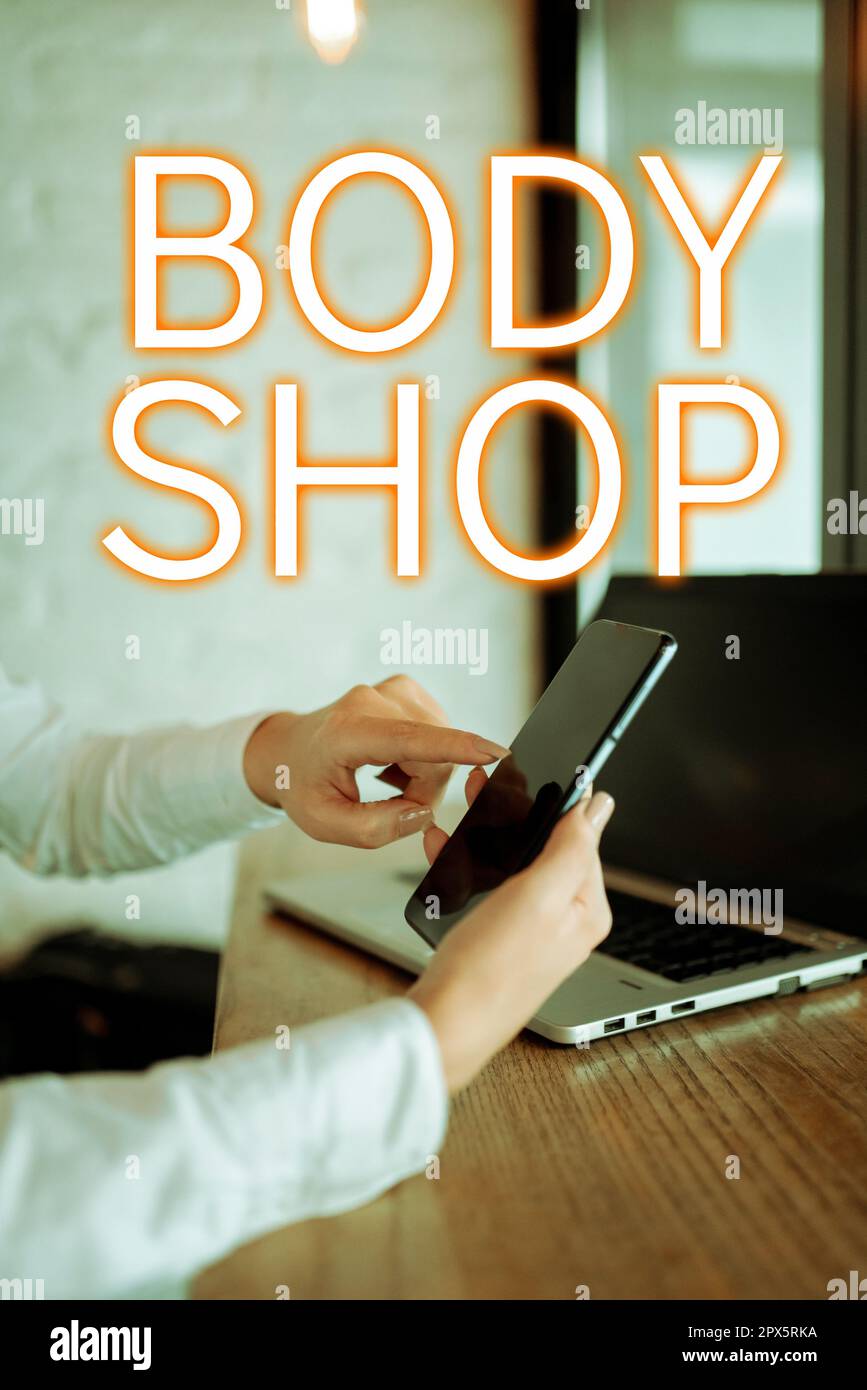 Écriture affichant le texte Body Shop, Word pour un atelier où les carrosseries automobiles sont fabriquées ou réparées Banque D'Images