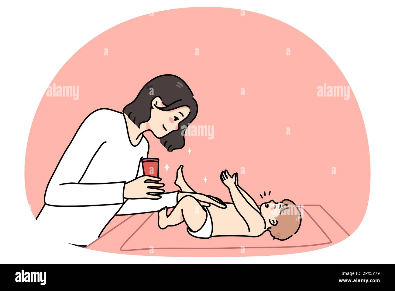Maman aimante hydratez le corps de l'enfant nouveau-né avec une couche changeante à la maison. Lotion de soin pour la mère pour nouveau-né. Concept de soins de la peau et de traitement pour enfants. Illustration vectorielle. Illustration de Vecteur