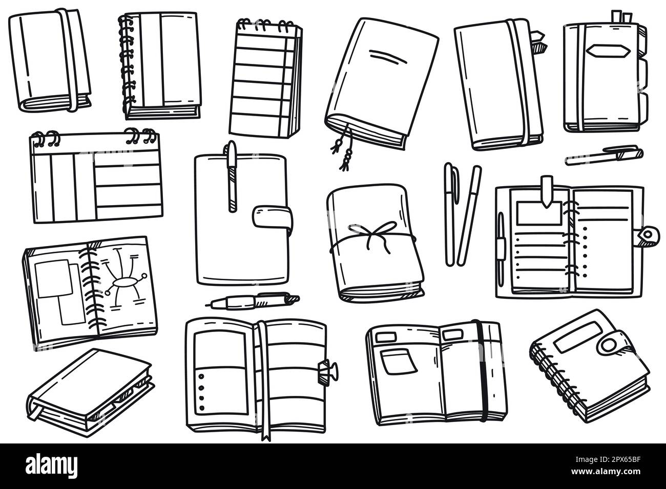 Ensemble de cahiers, de fournitures de bureau et de planificateurs pour illustrations Doodle. Icônes dessinées à la main du journal à puces, du journal intime et du calendrier. Éléments de contour graphique pour l'écriture isolée sur fond blanc. Illustration de Vecteur
