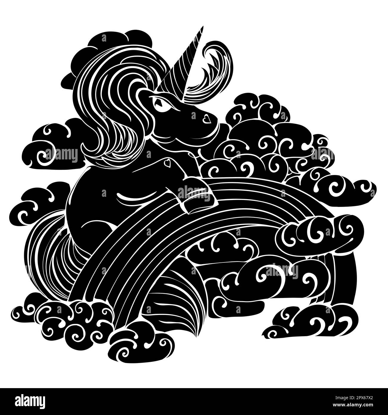 Licorne dans les nuages sur l'arc-en-ciel. Ambiance amusante. Illustration de conte de fées. Illustration de Vecteur