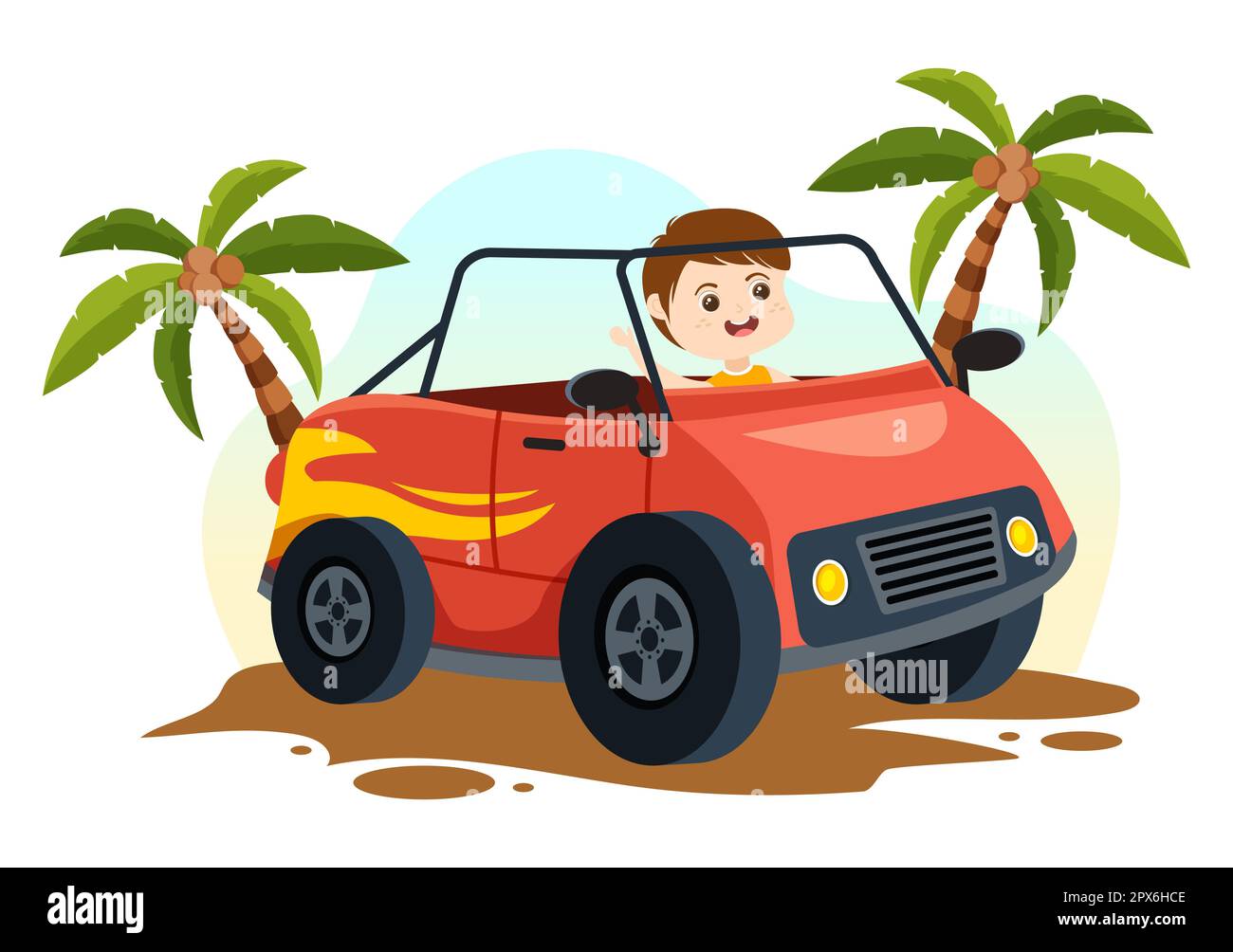 Illustration tout-terrain avec de petits enfants conduisant une Jeep pour traverser un terrain sableux dans un modèle de dessin main de dessin de dessin animé Banque D'Images