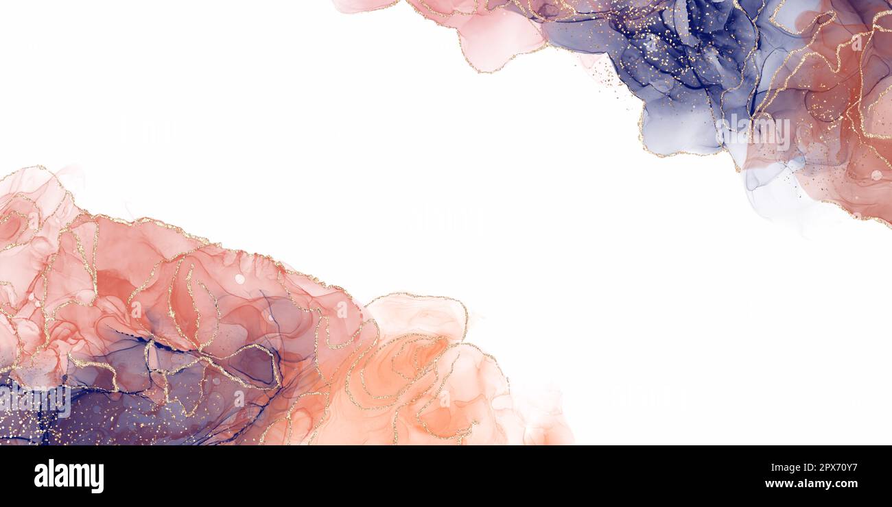 Magnifique arrière-plan abstrait de l'art de l'encre d'alcool, orange, rouge, bleu marine, or, bannière délicate à paillettes Banque D'Images