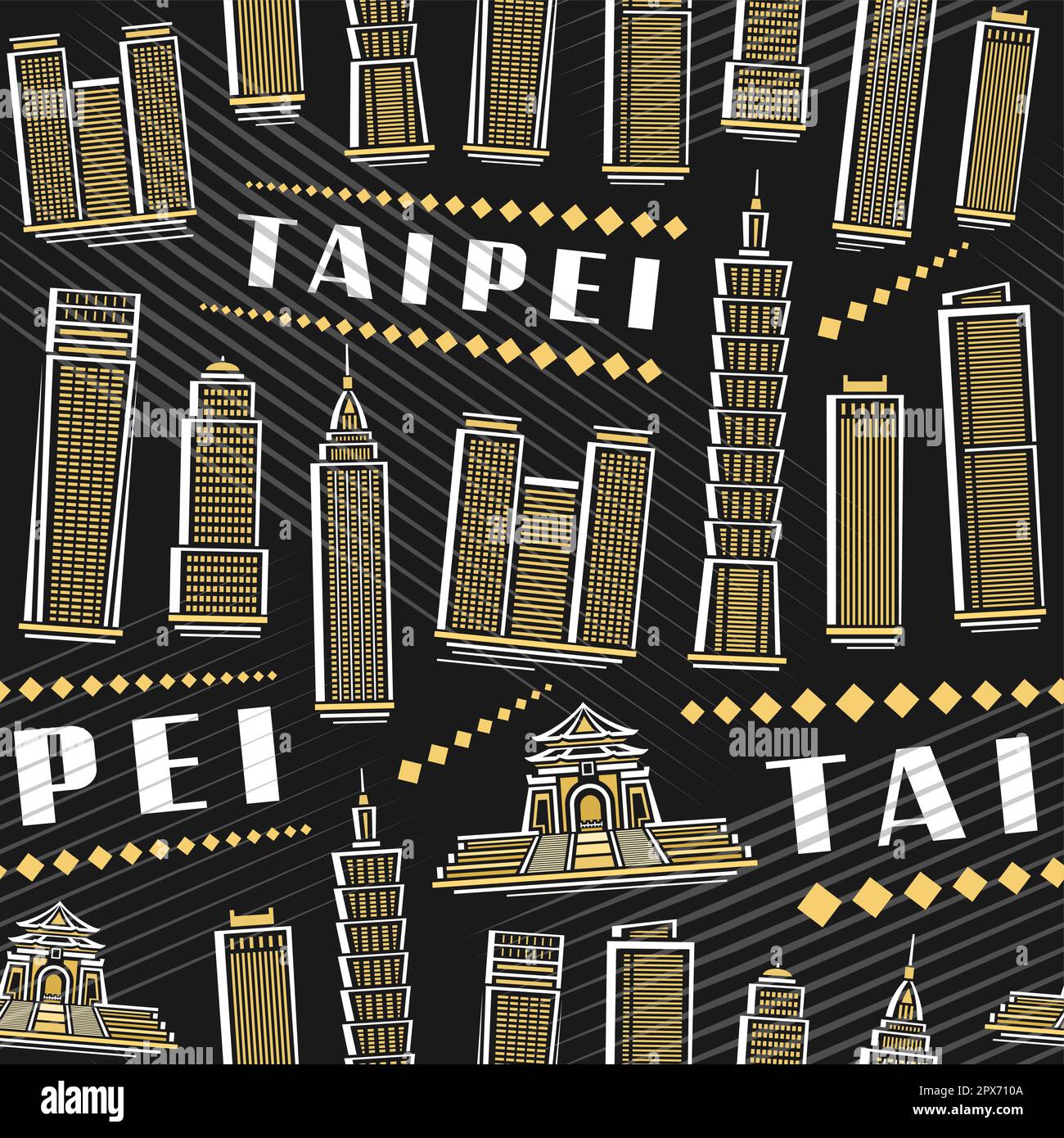 Motif vectoriel Taipei sans couture, arrière-plan carré répétitif avec illustration du célèbre paysage de la ville de taipei sur fond sombre pour l'emballage du papier, décor Illustration de Vecteur