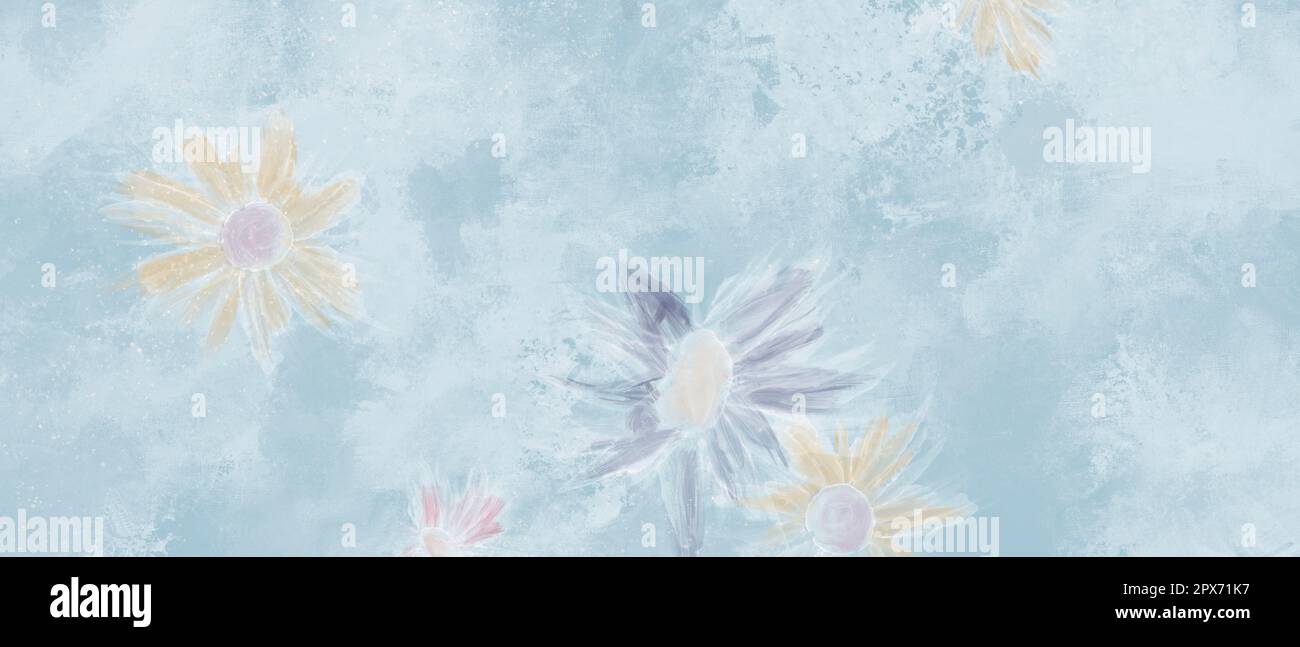 L'encre d'alcool de l'art fleurs sur fond bleu blanchâtre de peinture à l'huile. Bannière horizontale pour le printemps et l'automne. Textures rugueuses sur les murs ou la toile. Botanique t Banque D'Images