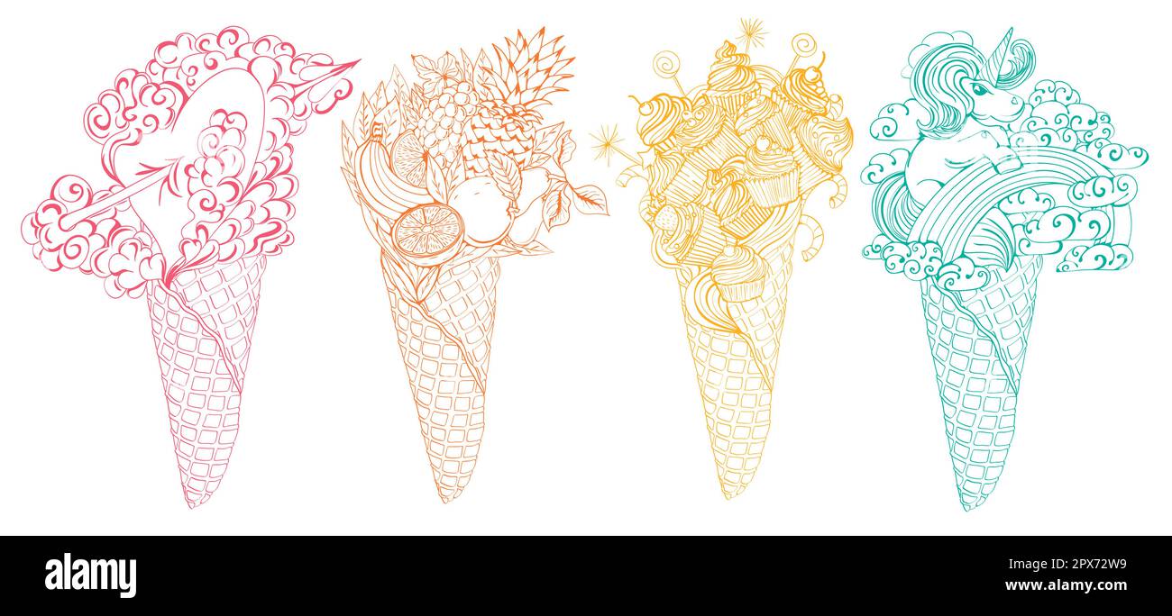 Ensemble de gaufres. Cupcakes et sucettes, Unicorn dans les nuages, coeur avec une flèche et cocktail de fruits dans un gaufrier. Illustration de Vecteur
