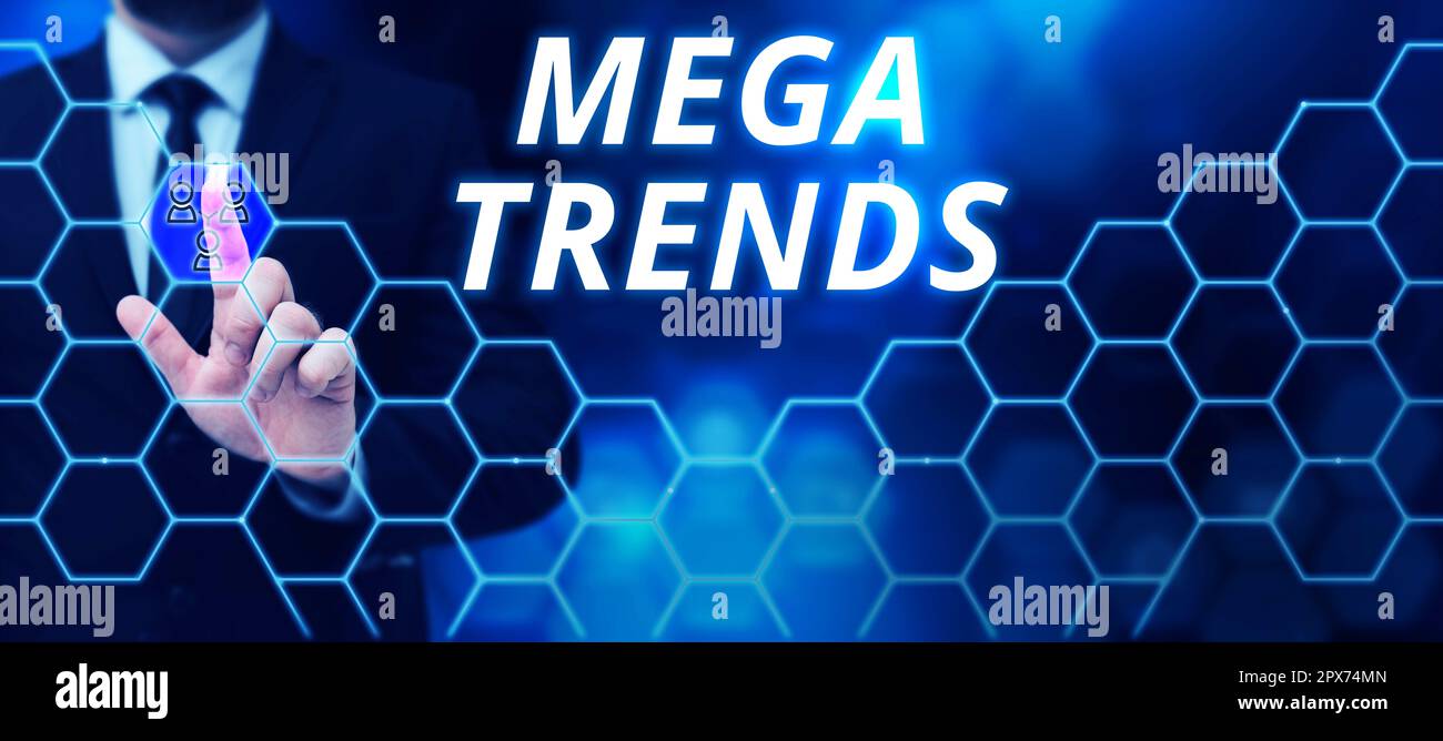 Légende du texte présentant Mega Trends, mot pour des phénomènes puissants qui ont un impact sur les fondations de notre monde Banque D'Images