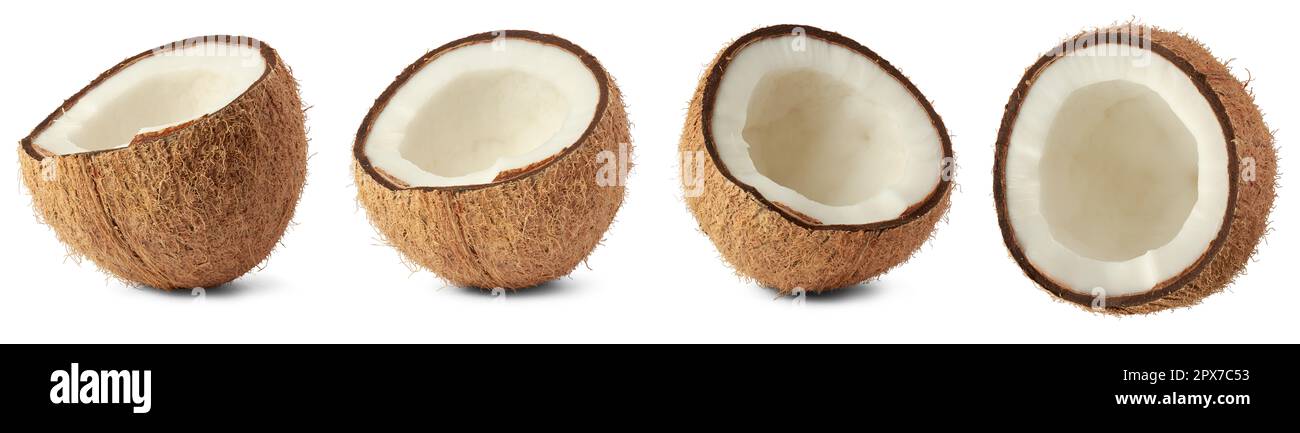 ensemble de noix de coco sous différents angles, versatile et largement utilisé fruits tropicaux avec une utilisation culinaire, médicinale et industrielle isolée sur fond blanc, Banque D'Images