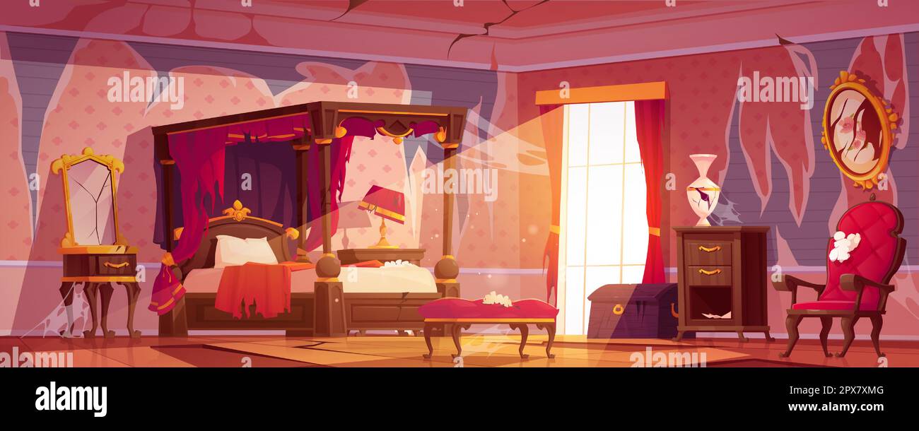 Chambre royale victorienne à l'intérieur abandonnée, fond de dessin animé vectoriel. Vieille maison effrayante avec miroir craquant et papier peint déchiré. Boudoir intérieur médiéval avec lumière du soleil depuis la fenêtre. Illustration de Vecteur