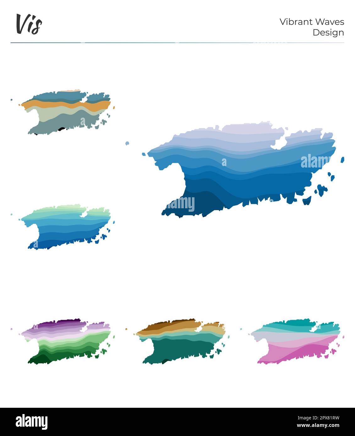 Ensemble de mappages vectoriels de vis. Motif vagues éclatantes. Carte lumineuse de l'île dans le style des courbes lisses géométriques. Carte vis multicolore pour votre conception. Illustration de Vecteur