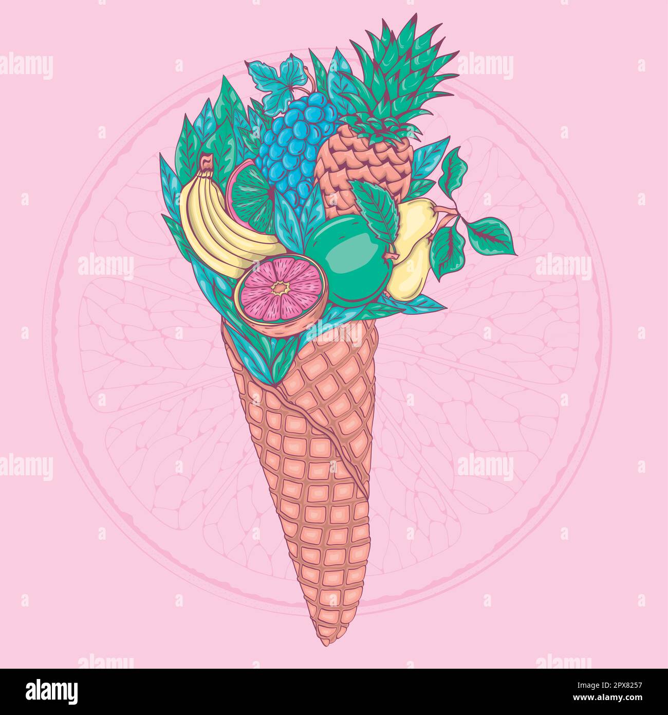 Cocktail de fruits dans une tasse à gaufres. Ensemble de fruits tropicaux sur fond de feuilles vertes. Bouquet de fruits comme une crème glacée. Illustration de Vecteur