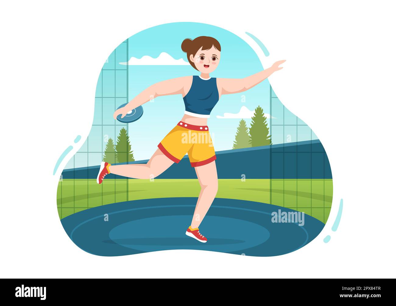 Discus lancer jouer Athletics Illustration avec jeter une plaque en bois dans le championnat de sport Flat Cartoon Templates dessinées à la main Banque D'Images