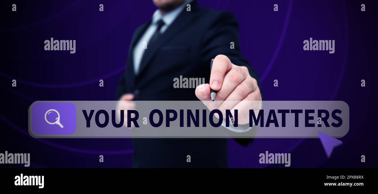 Légende conceptuelle votre opinion compte, mot pour avoir votre mot pour fournir une précieuse contribution à améliorer Banque D'Images