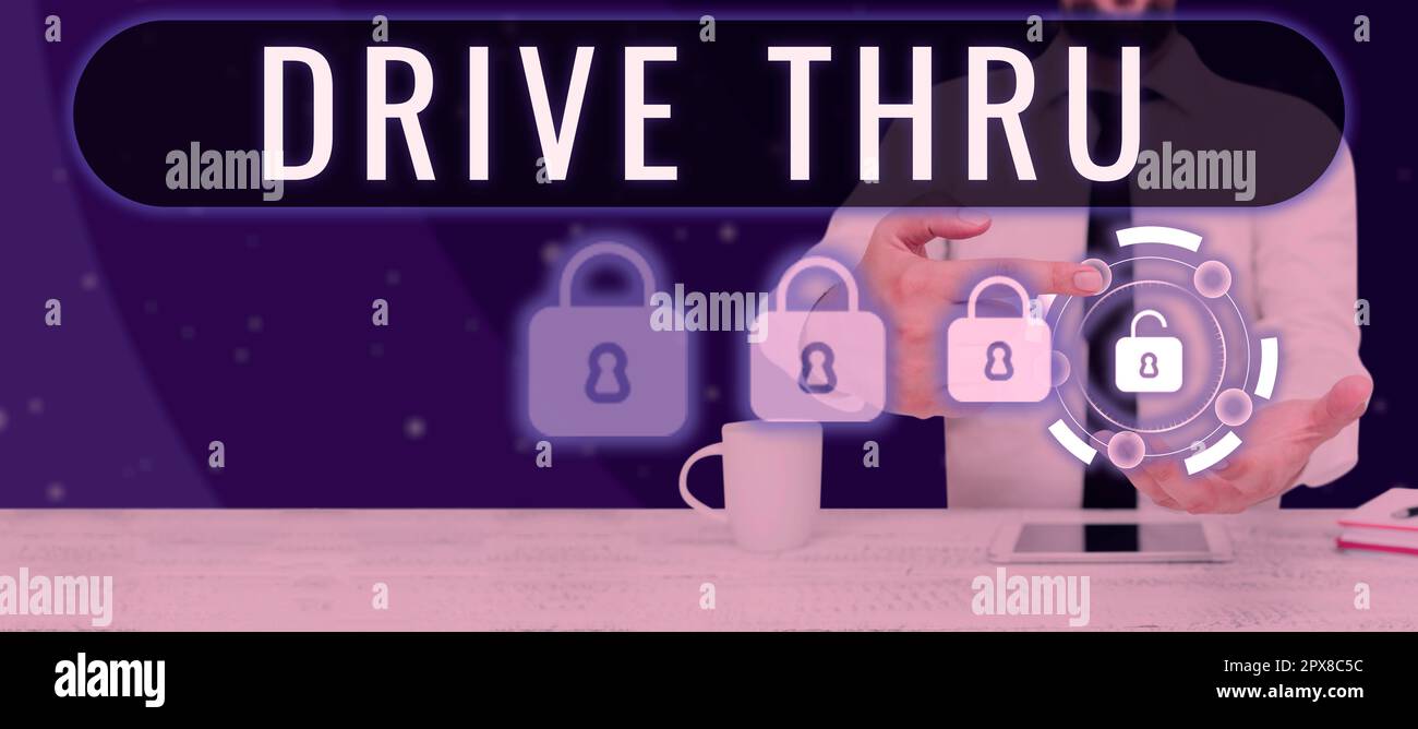 Texte d'écriture drive-in, mot écrit sur place où vous pouvez obtenir le type de service en conduisant par lui Banque D'Images