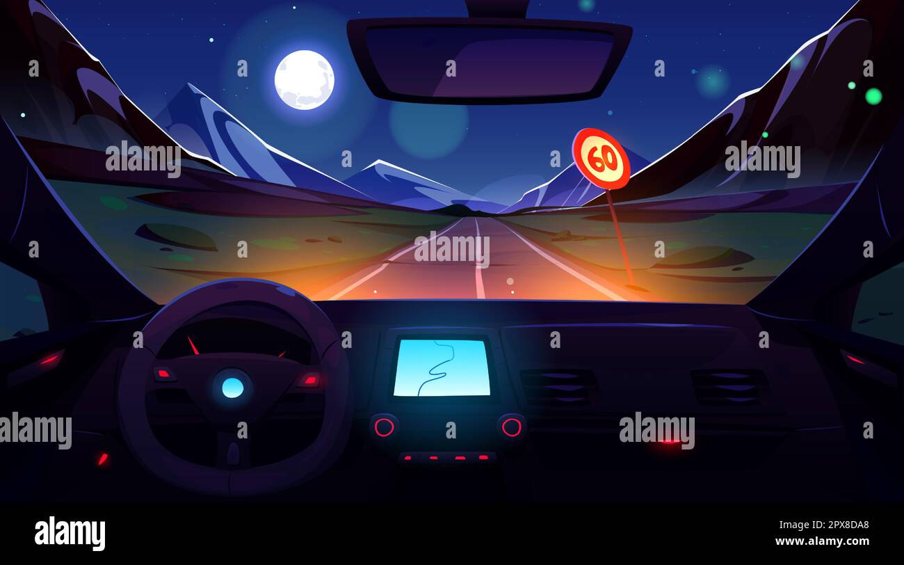 Voiture conduisant la route de montagne la nuit. Illustration vectorielle du tableau de bord à l'intérieur de la boîte automatique, du volant et de l'affichage de la navigation sur la carte sur le panneau. Paysage rocailleux dans un ciel sombre avec pleine lune et étoiles Illustration de Vecteur