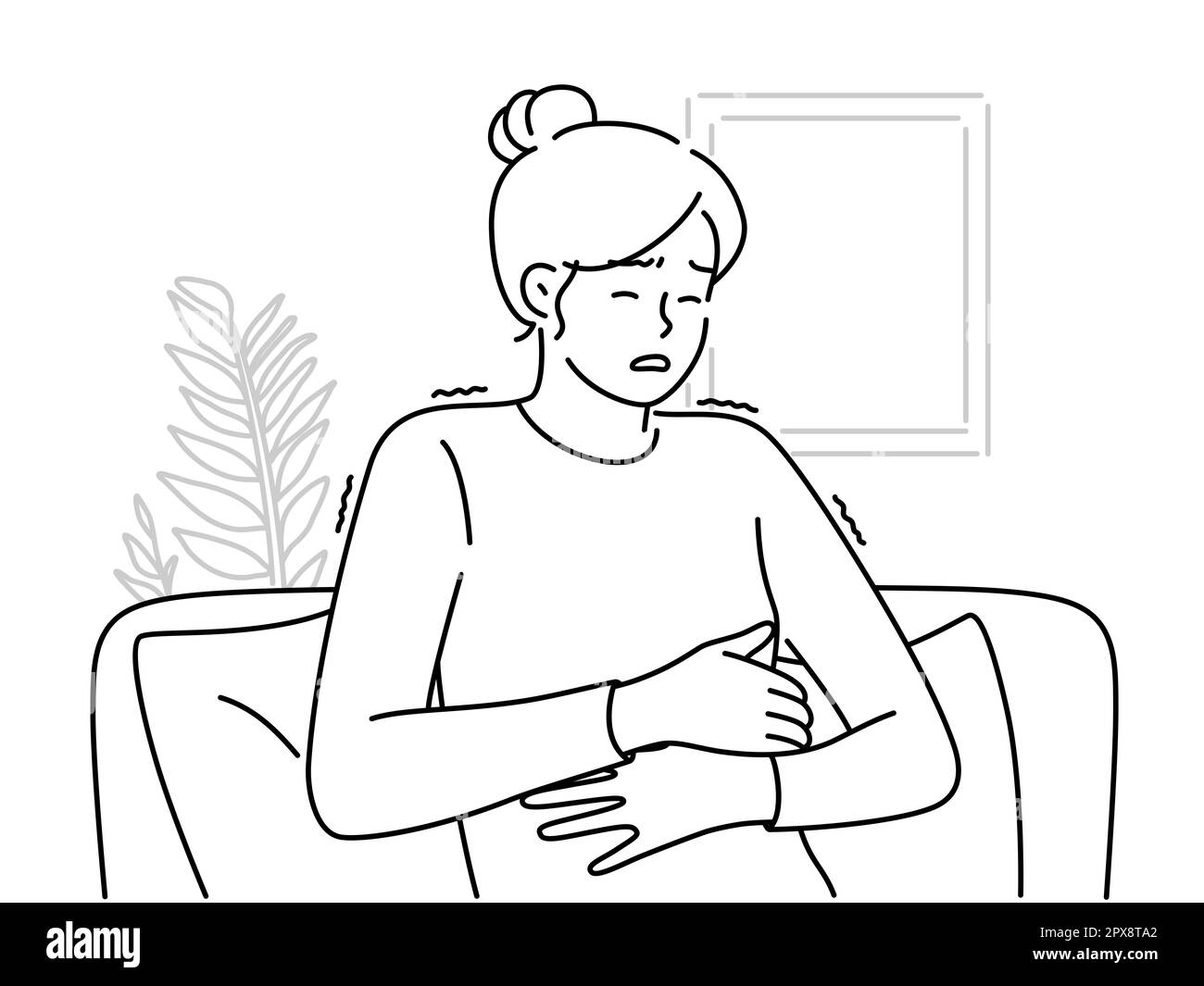 Une femme malsaine assise sur un canapé souffre de maux d'estomac. Les femmes mal à la lutte avec des douleurs abdominales ou des crampes. Soins de santé. Illustration vectorielle. Banque D'Images