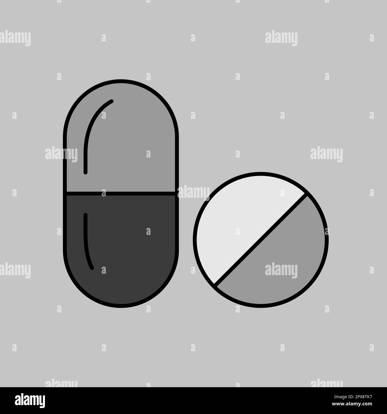 Icône de niveaux de gris des tablettes et des pillules vectorielles. Médecine et soins de santé, signe de soutien médical. Symbole graphique pour la conception de sites Web médicaux et d'applications, logo, application, U Banque D'Images