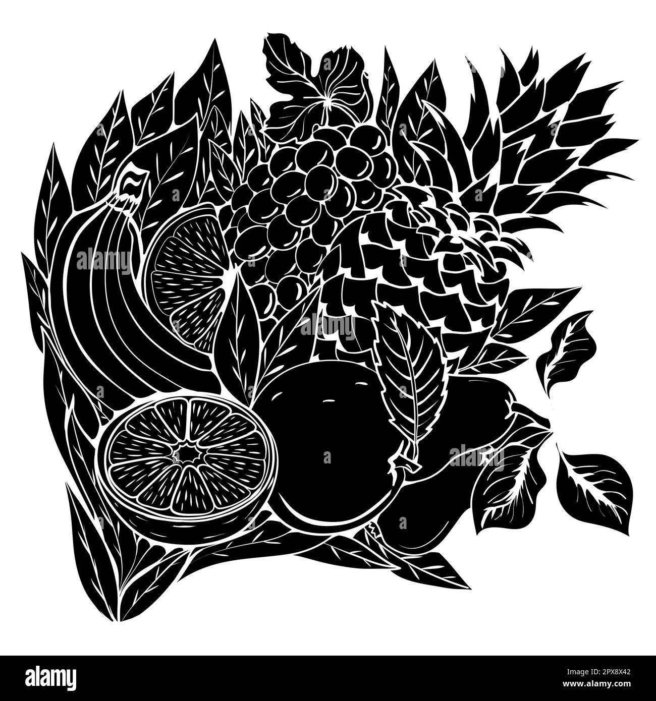 Cocktail de fruits. Ensemble de fruits tropicaux sur fond de feuilles vertes. Bouquet de fruits. Illustration de Vecteur