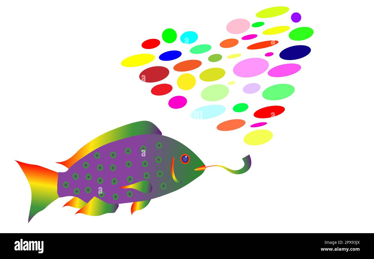 Le poisson arc-en-ciel de style rasta fume un tuyau et exhalle la fumée sous forme de coeur de boules multicolores. Illustration vectorielle. Isolé sur la merde Illustration de Vecteur