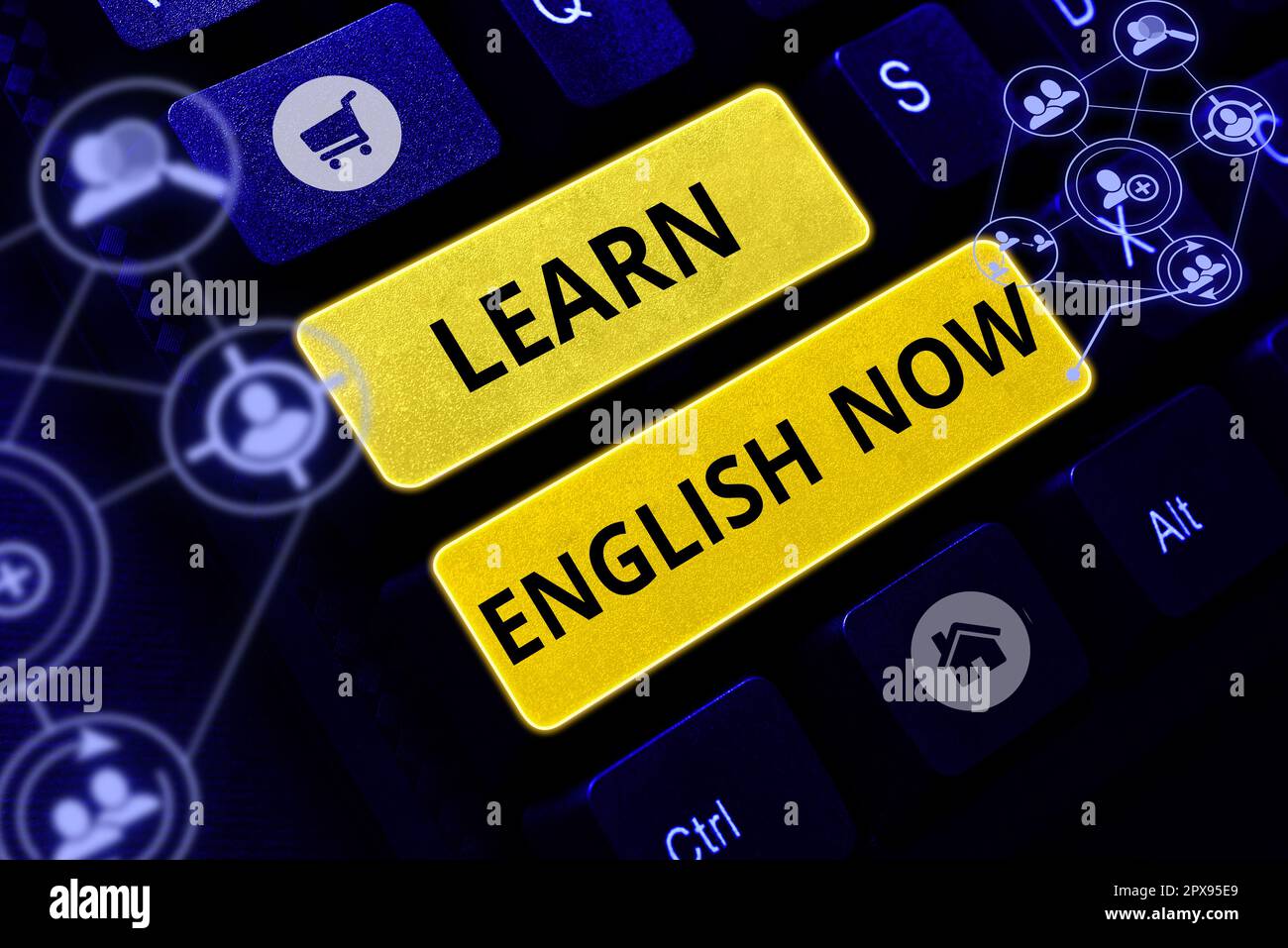 Légende du texte Présentation apprendre l'anglais maintenant, Word pour acquérir ou acquérir des connaissances et des compétences en anglais Banque D'Images