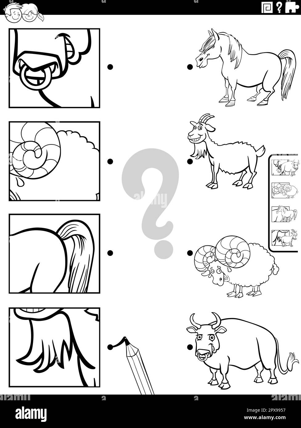 Dessin animé noir et blanc illustration du jeu éducatif correspondant avec des personnages d'animaux de ferme et des images coupures page de coloriage Illustration de Vecteur