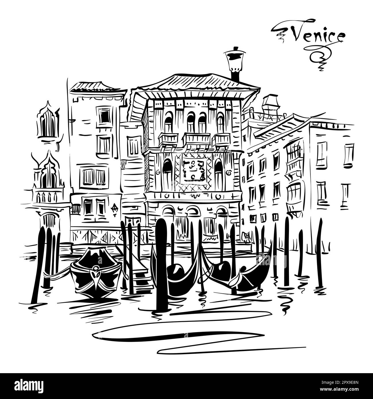 Dessin vectoriel noir et blanc du Palazzo dans le style gothique vénitien sur le Grand Canal, Venise, Italie. Banque D'Images