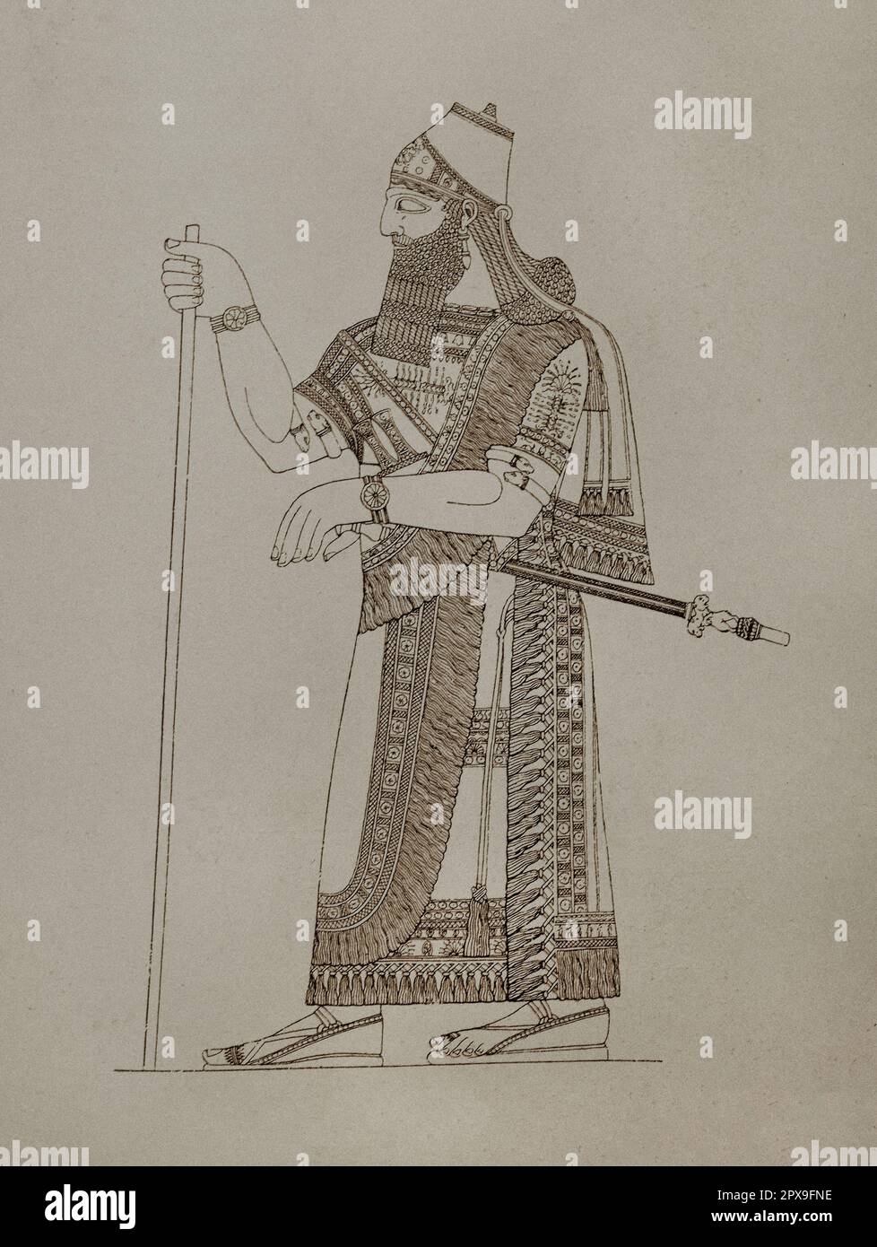 Illustration vintage d'un roi assyrien en tenue complète (d'un bas-relief assyrien). Banque D'Images