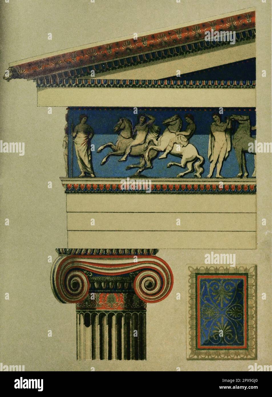Illustration ancienne de l'architecture de Hellas. Ordre ionique. Banque D'Images