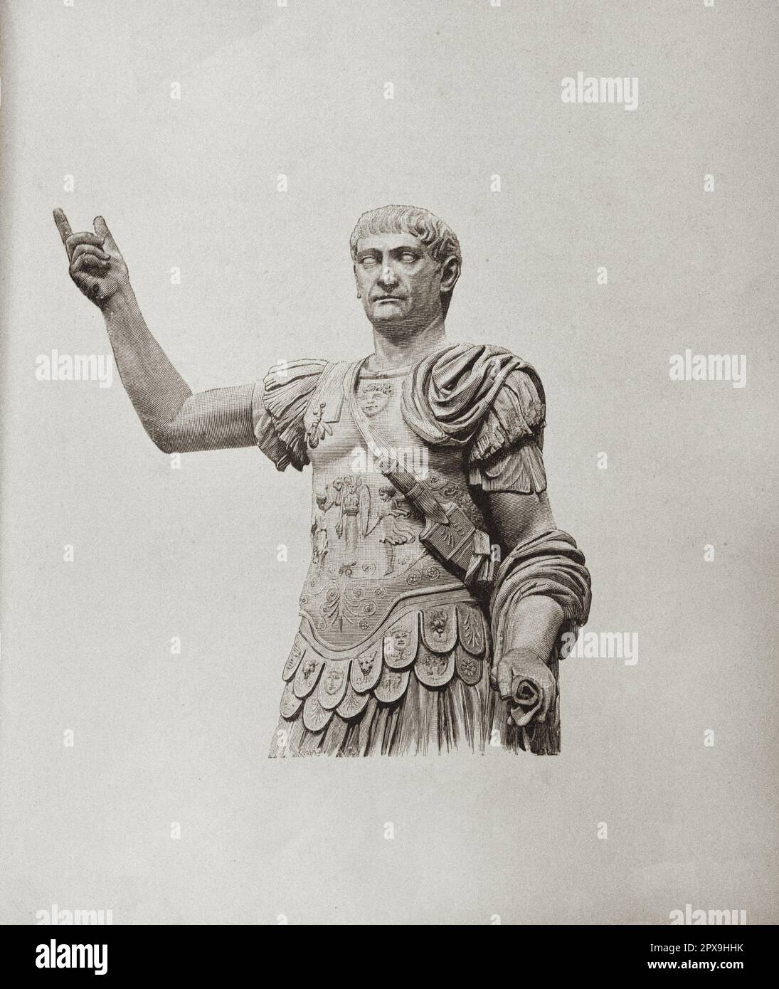 Illustration ancienne de Trajan, 'le Palladium', statue en marbre blanc, fin du 1st siècle après J.-C. Trajan (latin : Caesar Nerva Trajanus; 53–117) est empereur romain de 98 à 117. Officiellement déclaré princeps optimus (« meilleur dirigeant ») par le sénat, Trajan est considéré comme un soldat-empereur couronné de succès qui a présidé à l'une des plus grandes expansions militaires de l'histoire romaine et a conduit l'empire à atteindre sa plus grande étendue territoriale au moment de sa mort. Banque D'Images