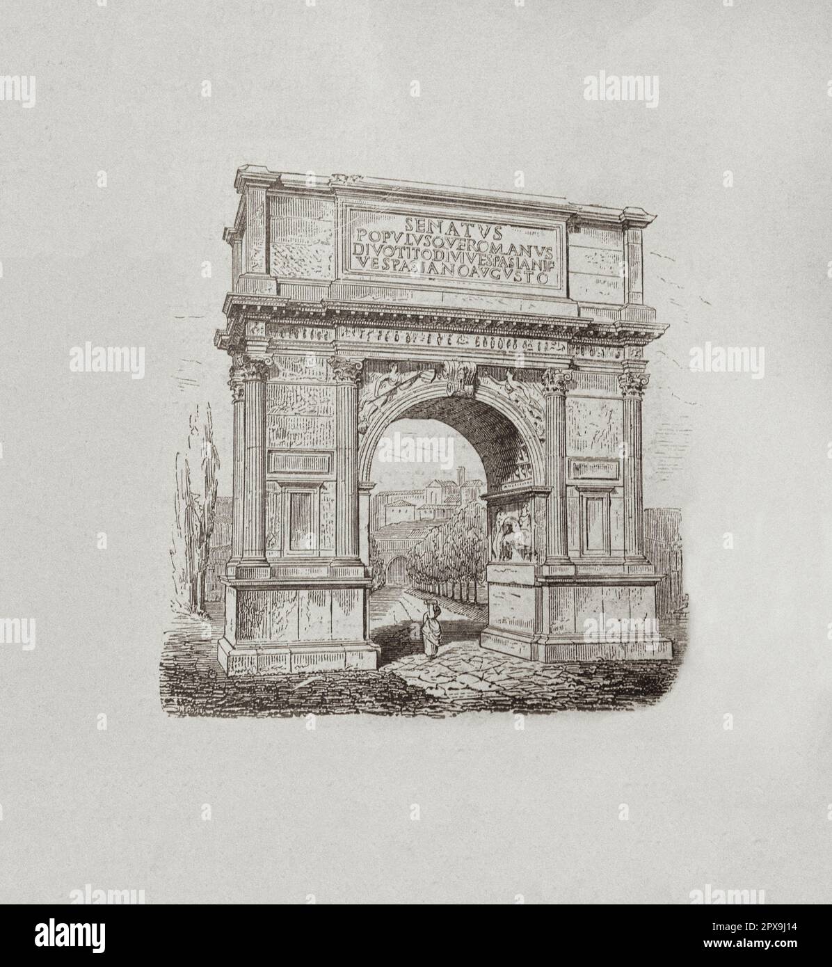 Illustration ancienne de l'Arc de Titus. Rome. Italie l'Arche de Titus est une arche honorifique datant de 1st-siècle, située sur la via Sacra, Rome, juste au sud-est du Forum romain. Elle a été construite en 81 après J.-C. par l'empereur Domitien peu après la mort de son frère aîné Titus pour commémorer la déification ou la consécration officielle de Titus et la victoire de Titus avec leur père, Vespasien, sur la rébellion juive en Judée. Banque D'Images