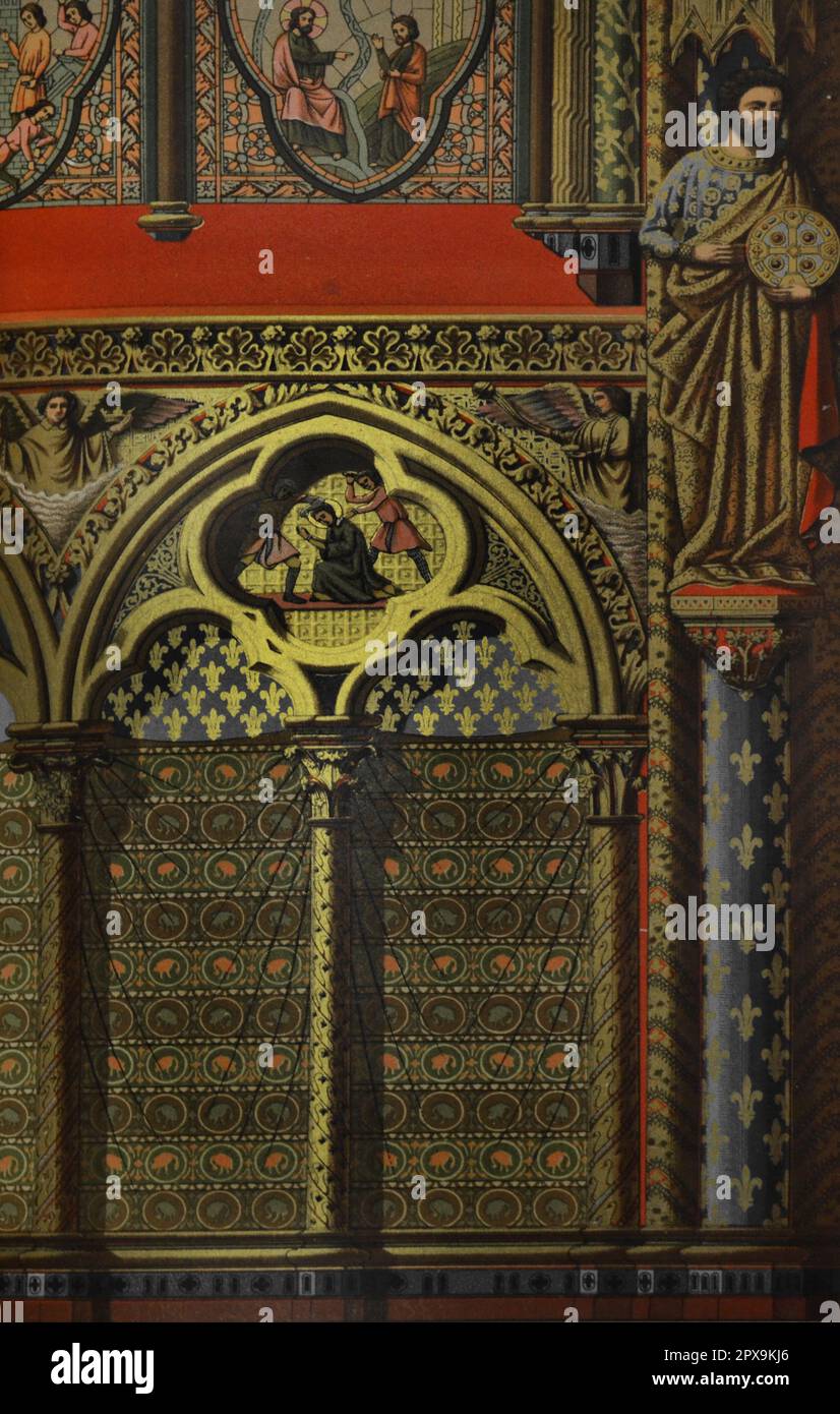 Illustration ancienne de la décoration murale à Sainte-Chapelle. Paris, France. La Sainte-Chapelle est une chapelle royale de style gothique, dans le Palais médiéval de la Cité, résidence des Rois de France jusqu'au 14th siècle, sur l'Île de la Cité dans la Seine à Paris, France. Banque D'Images