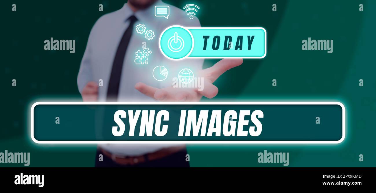 Texte montrant les images de synchronisation inspiration, concept professionnel rendant les photos identiques sur tous les appareils accessibles partout Banque D'Images