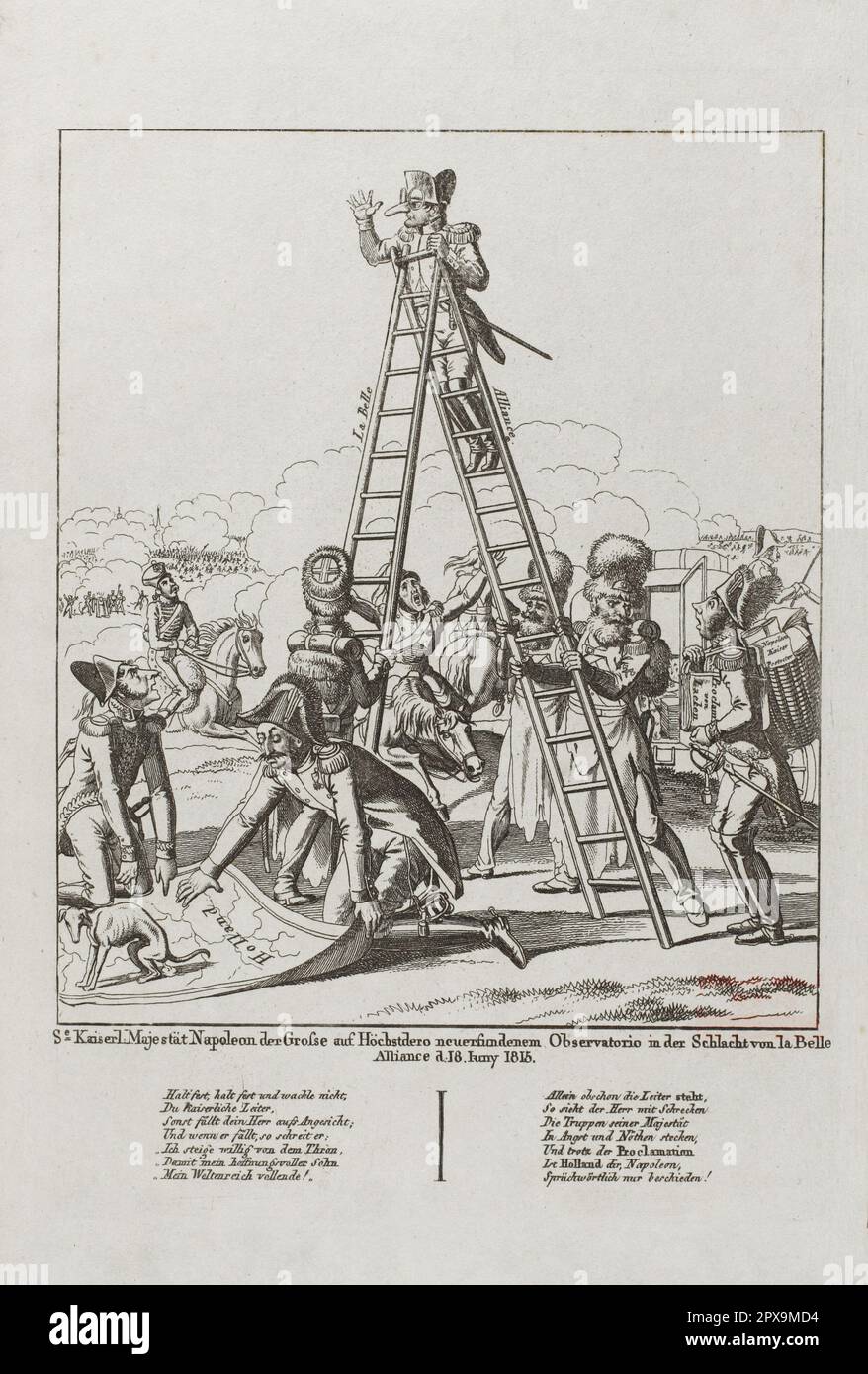 Gravure sarcastique anti-française de la période des guerres napoléoniennes: Sa Majesté impériale Napoléon le Grand sur la plus haute observation redécouverte à la bataille de la Belle Alliance d. 18. Juin 1815 Banque D'Images