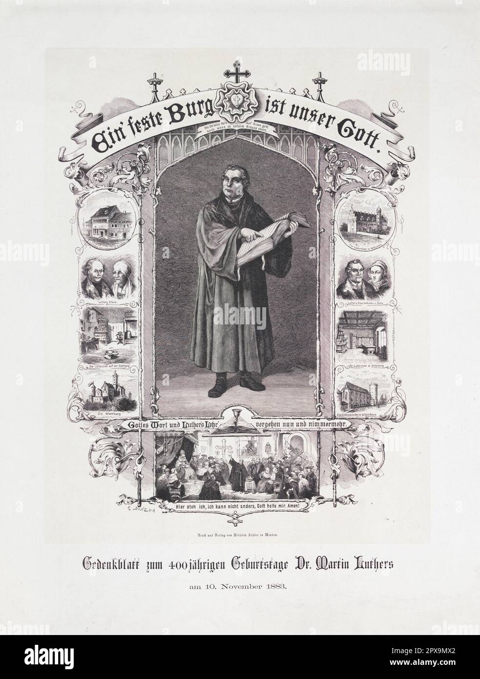 Feuille commémorative pour le 400th anniversaire de la naissance du Dr Martin Luther sur 10 novembre 1883 Ein feste Burg ist unser Gott - la plus forte forteresse est notre Dieu Banque D'Images